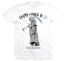 Death Comes In 3's - University Blue on White T-Shirt