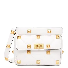 Roman Stud Grained Medium Bag, White