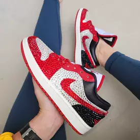 WAREHOUSE SALE Jordan Women Low (White/Red/Black) With Full Bling