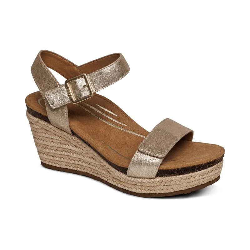 Women's Aetrex Sydney Quarter Strap Espadrille Wedge Color: Champagne