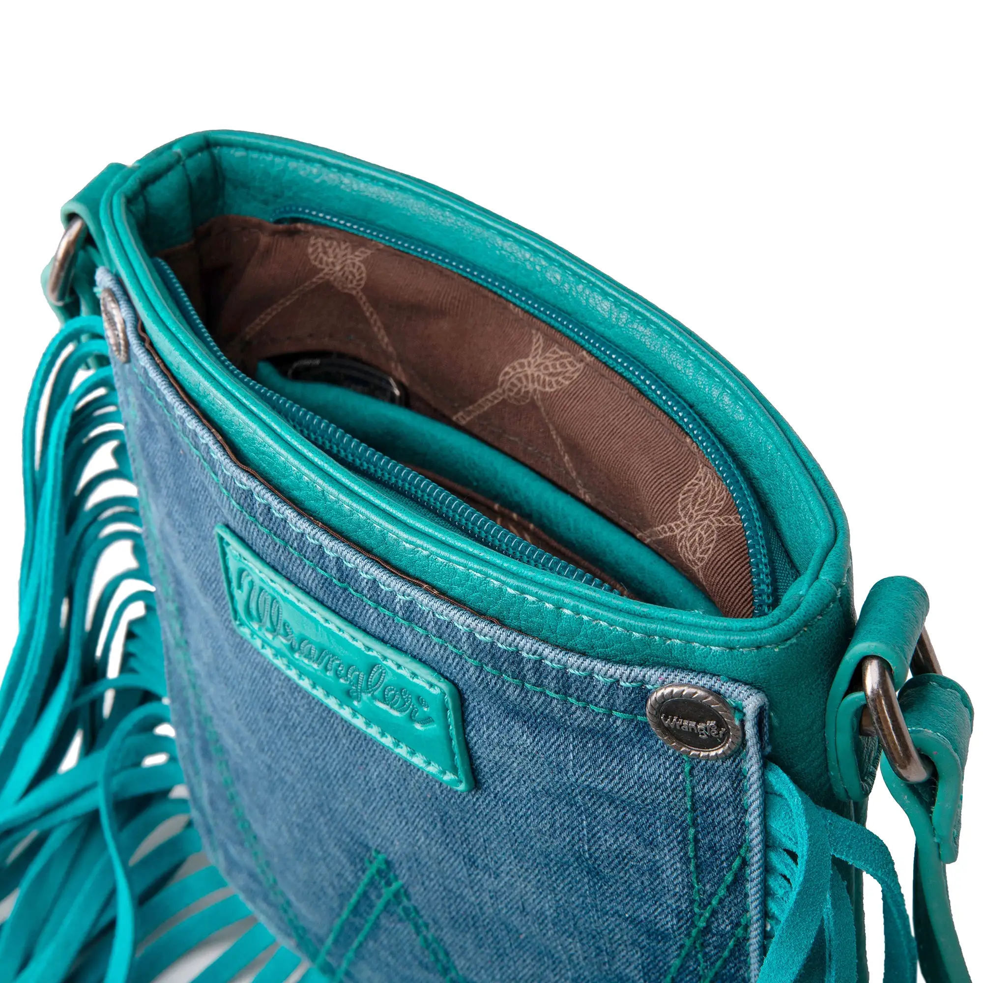 Wrangler Leather Fringe Jean Denim Pocket Crossbody - Turquoise