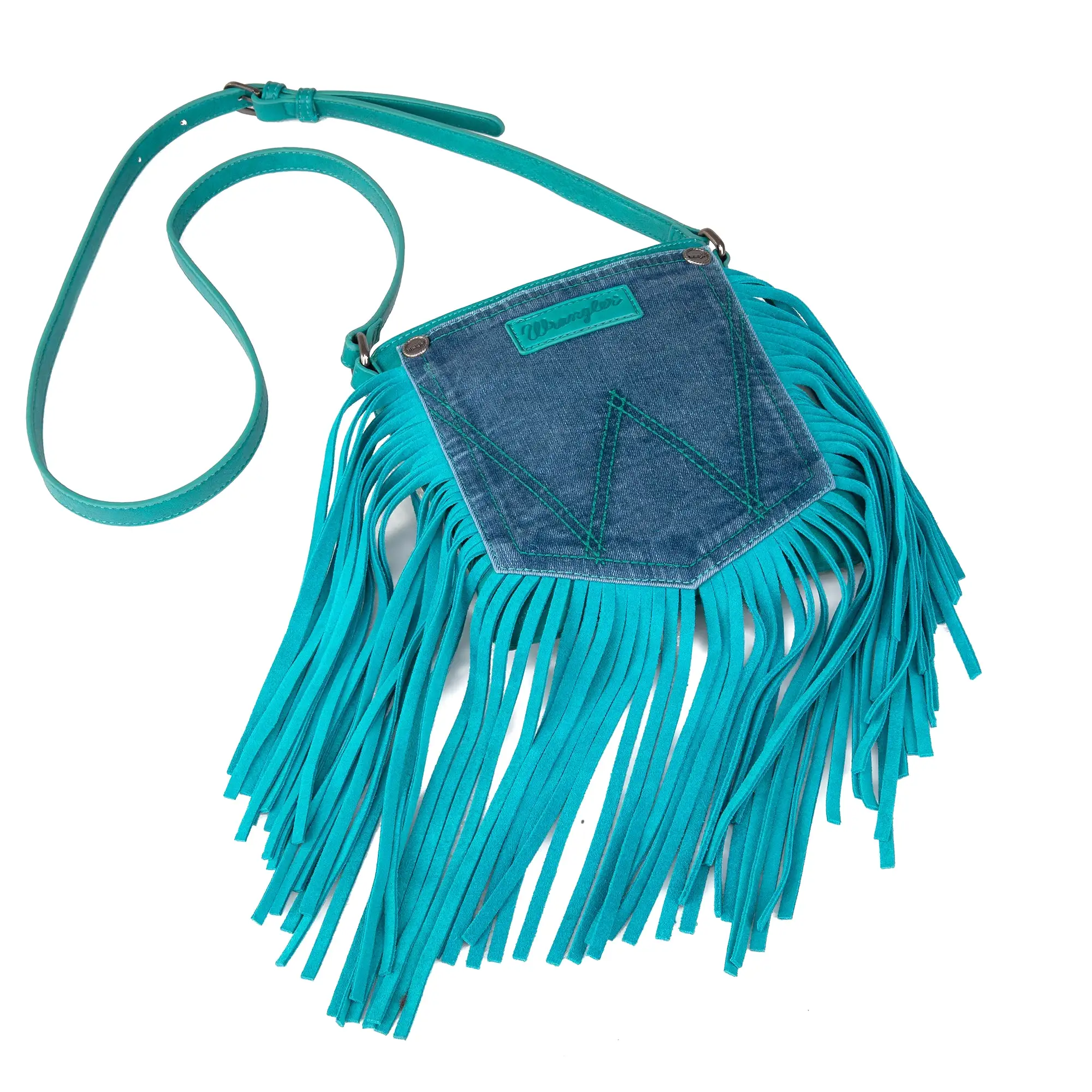 Wrangler Leather Fringe Jean Denim Pocket Crossbody - Turquoise