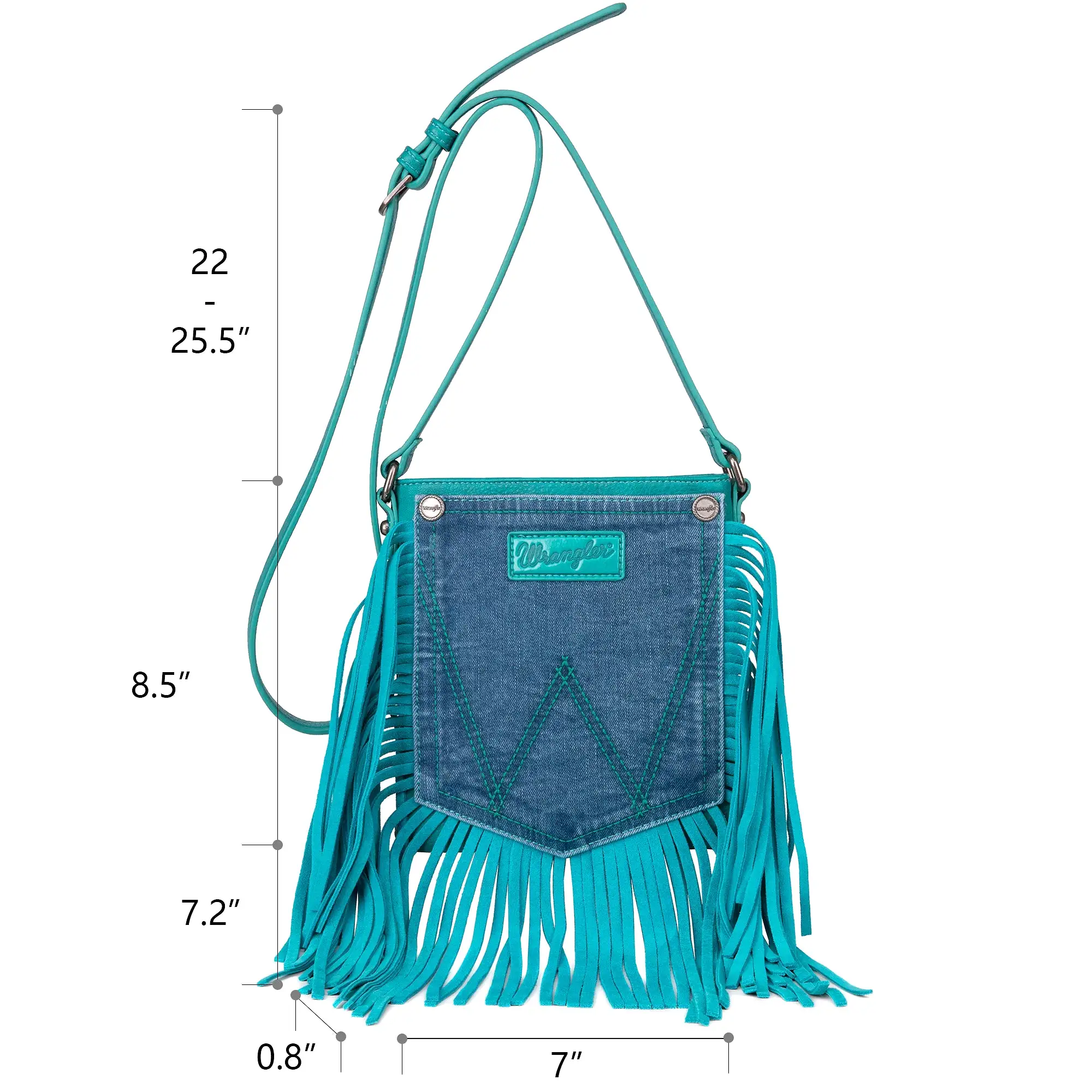 Wrangler Leather Fringe Jean Denim Pocket Crossbody - Turquoise