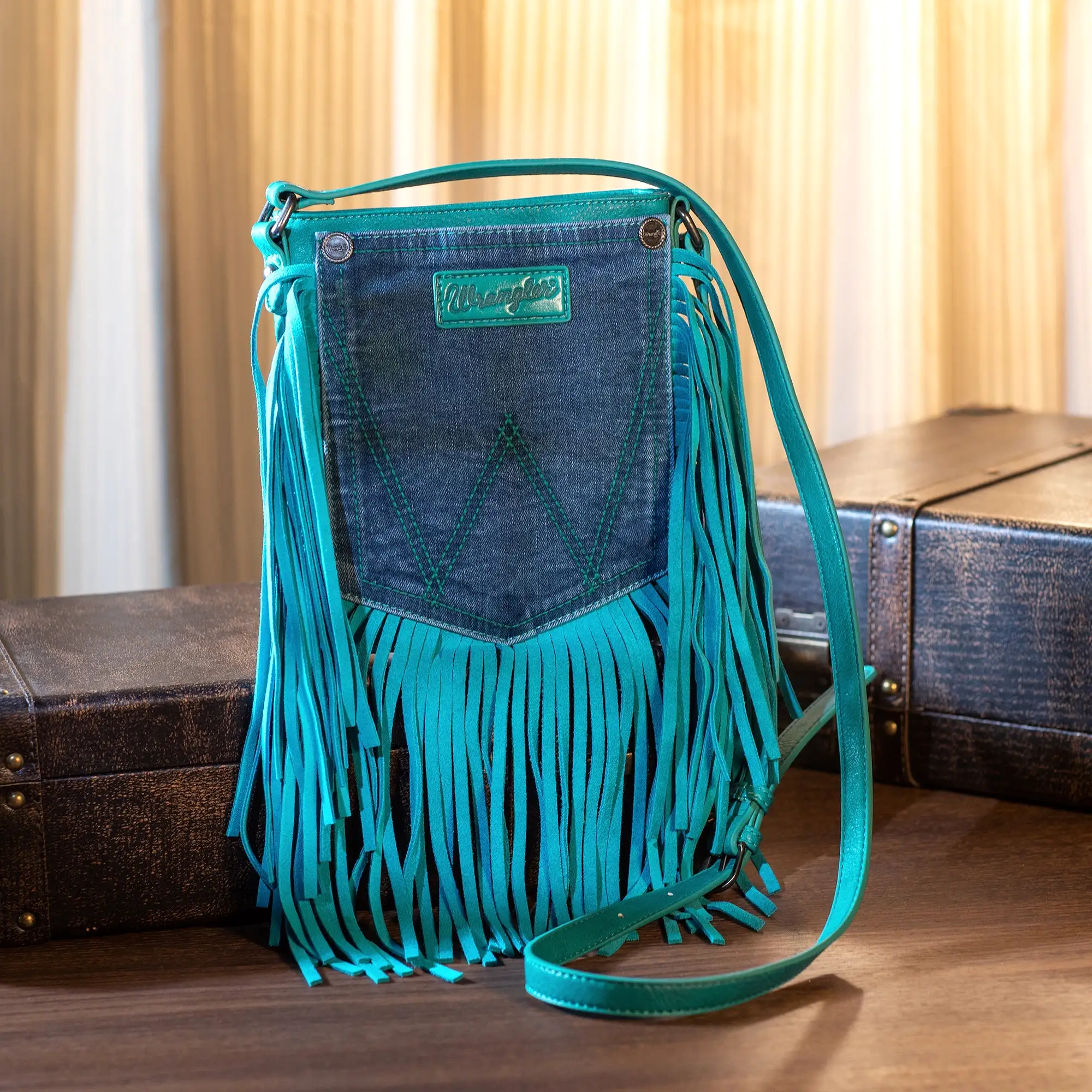 Wrangler Leather Fringe Jean Denim Pocket Crossbody - Turquoise