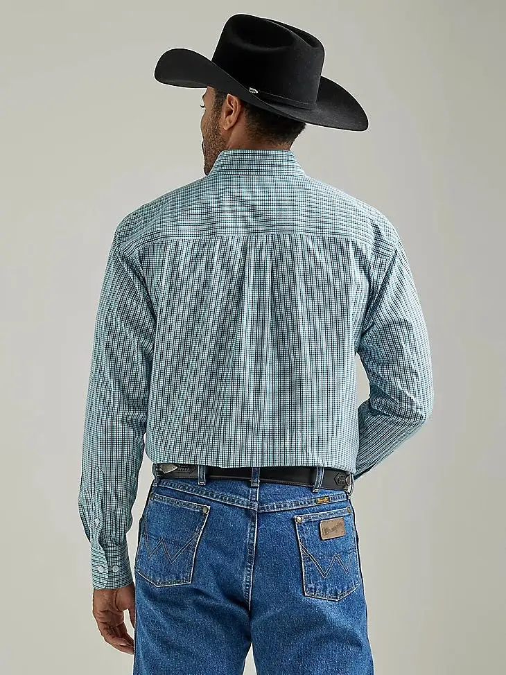 'Wrangler' Men's George Strait Plaid Button Down - Aqua Sea Tattersal