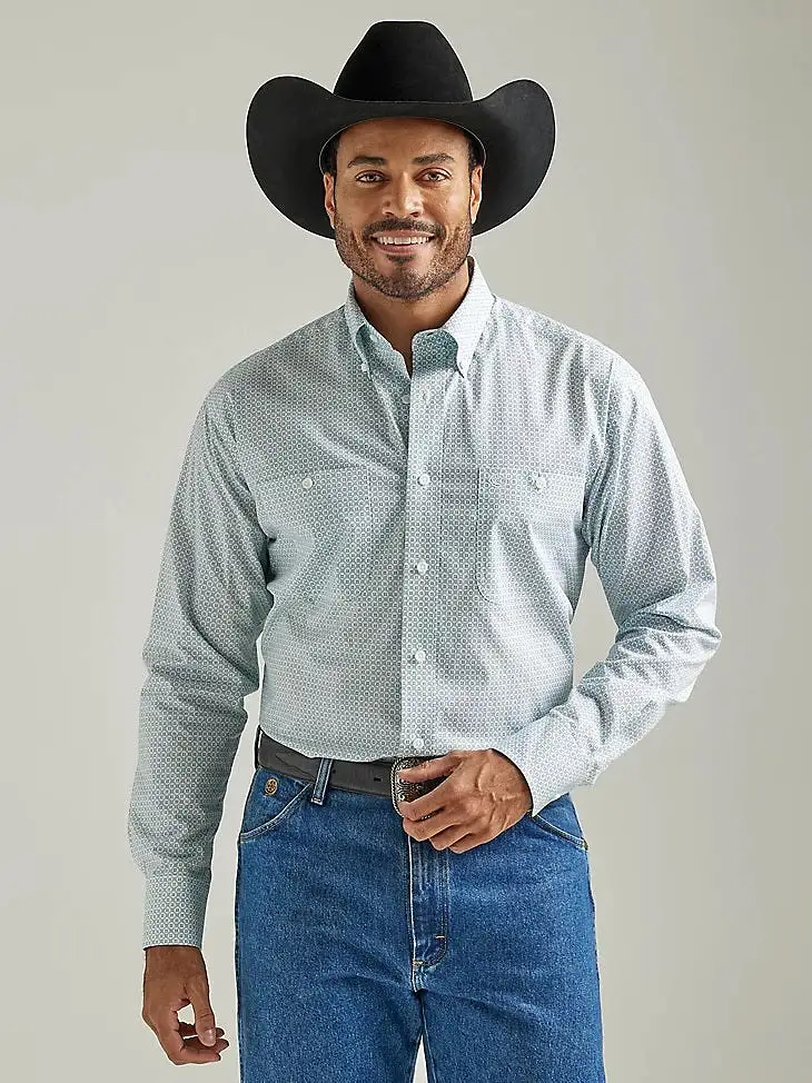 'Wrangler' Men's George Strait Print Button Down - Teal Chain