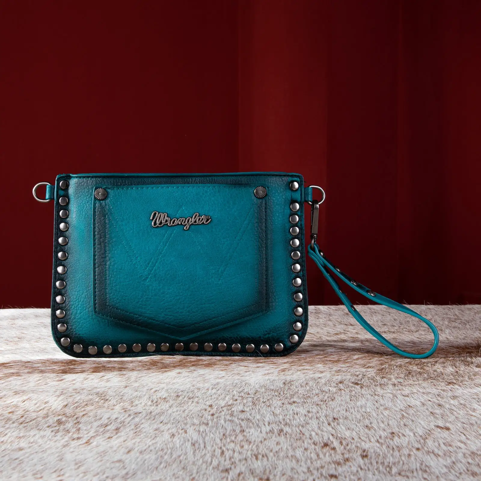 Wrangler Rivets Crossbody Wristlet Wallet-Turquoise