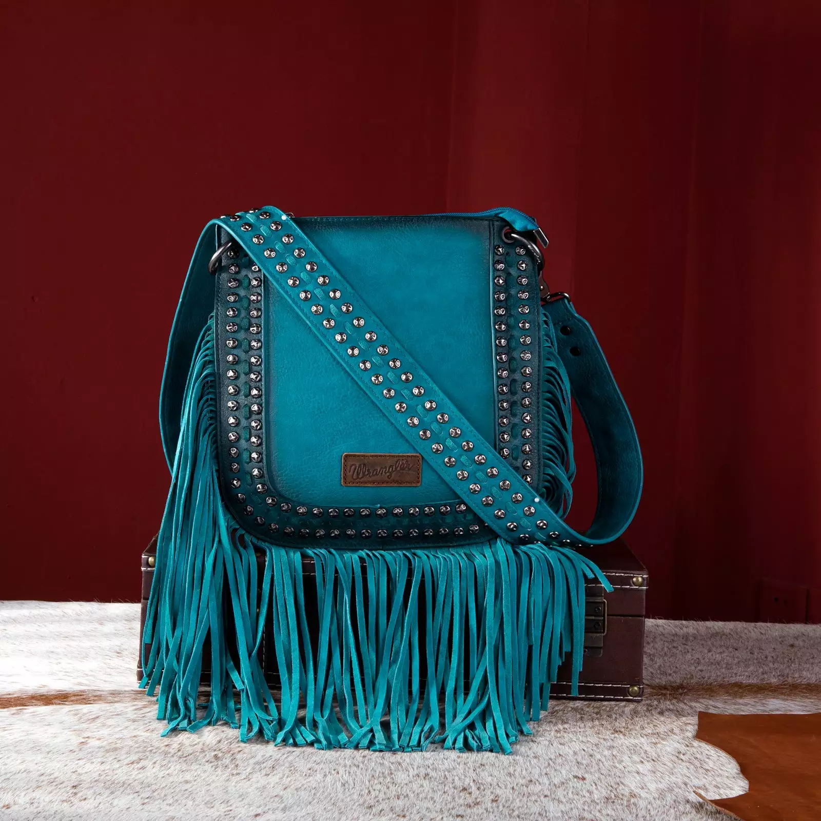 Wrangler Rivets Fringe Concealed Carry Crossbody -Turquoise