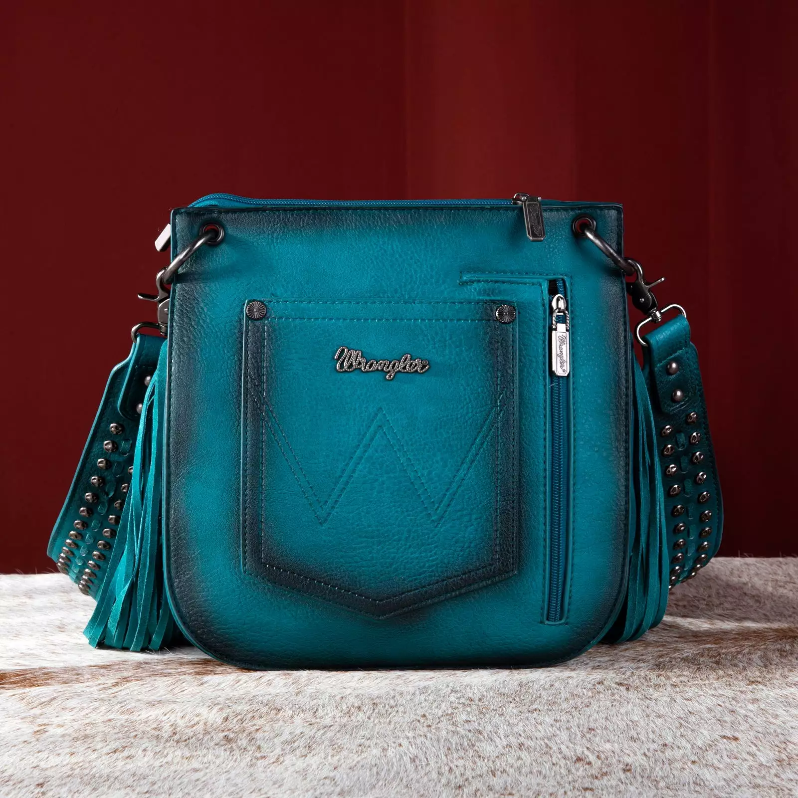 Wrangler Rivets Fringe Concealed Carry Crossbody -Turquoise