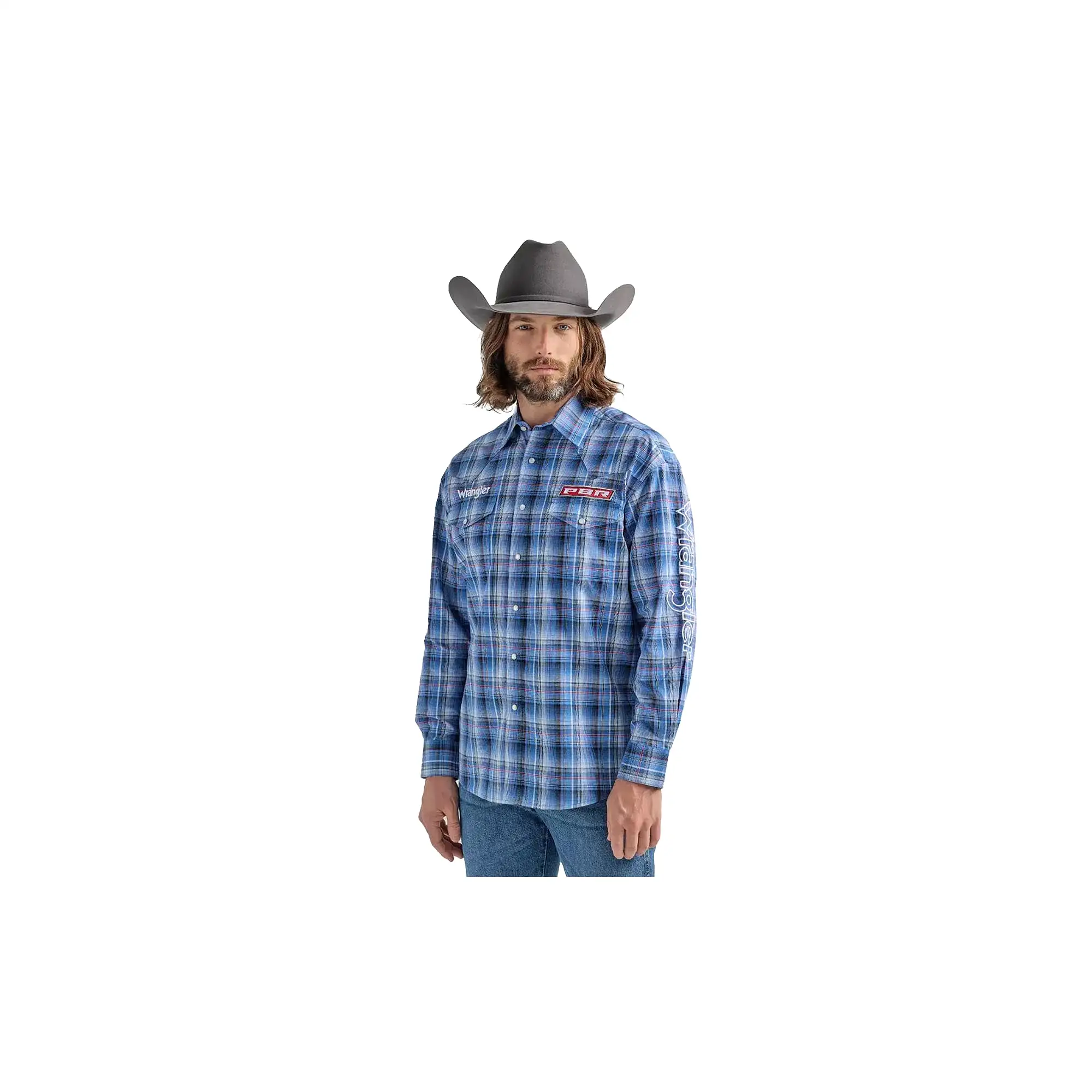 Wrangler Western LS Logo Shirt PBR Plaid Blue