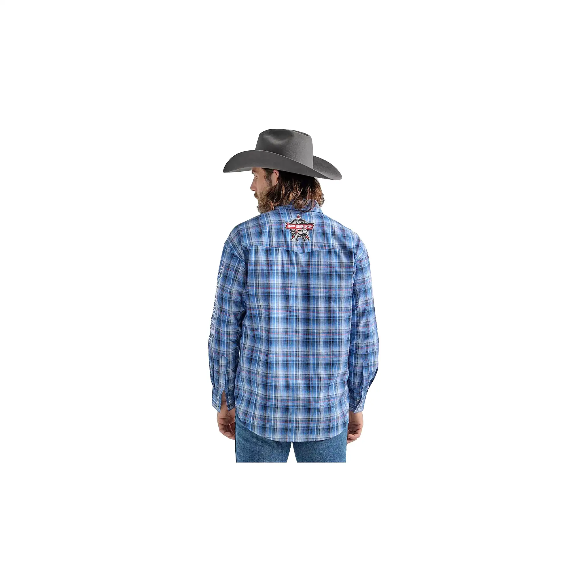 Wrangler Western LS Logo Shirt PBR Plaid Blue