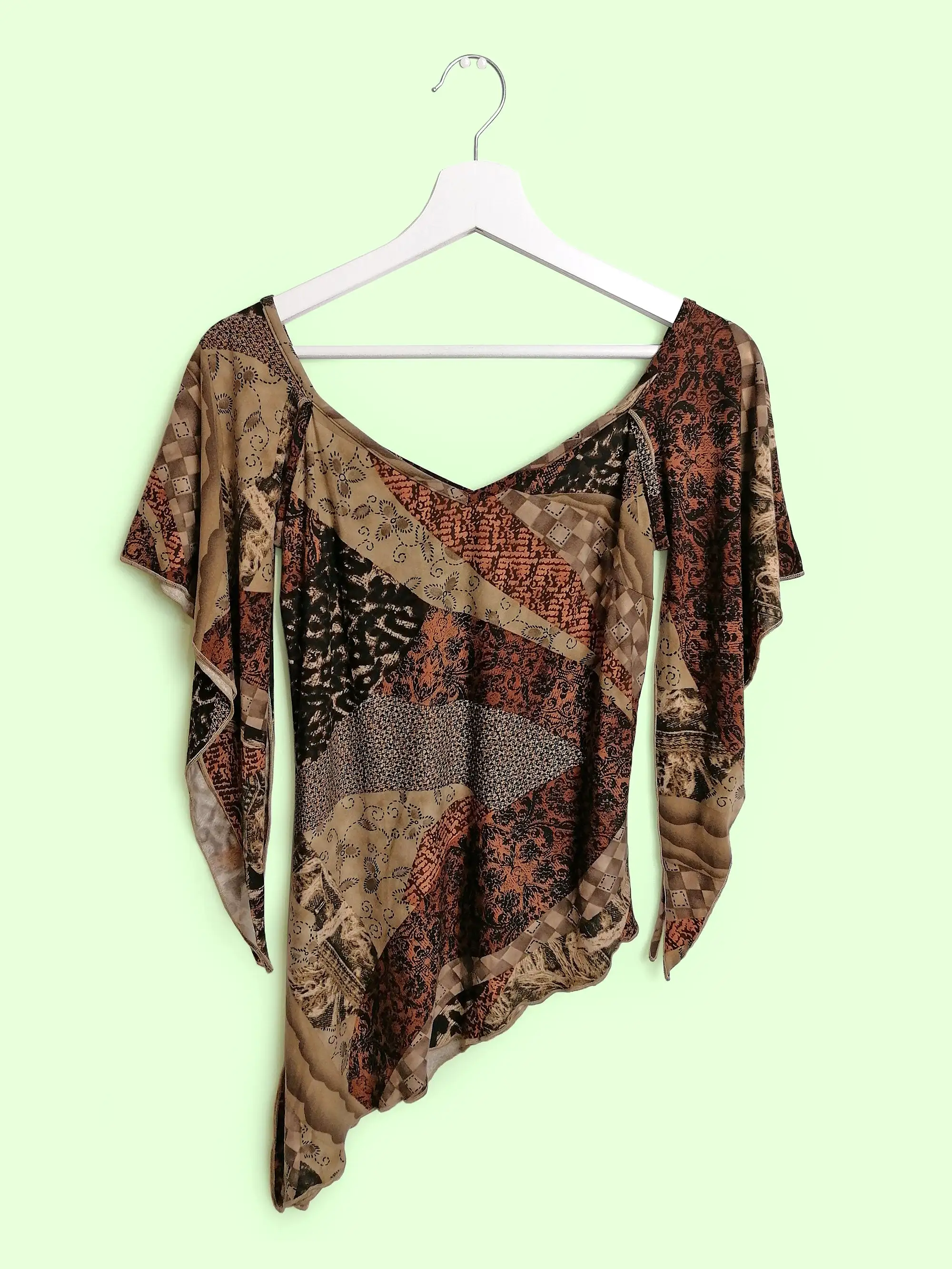 Y2K Asymmetric Stretch Blouse Patchwork Print - size M-L